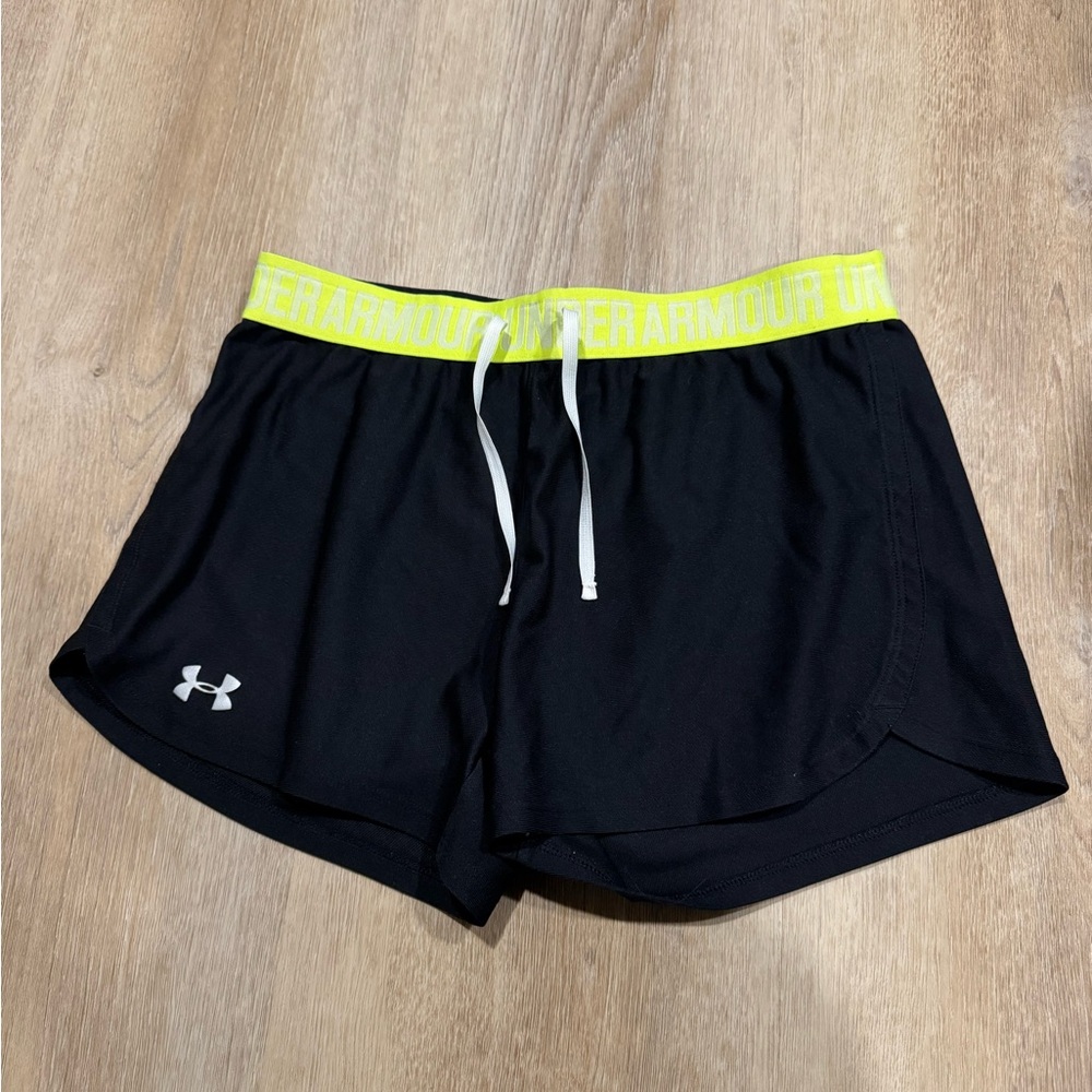 Under Armour Women's Black Shorts with Neon Yellow Waistband